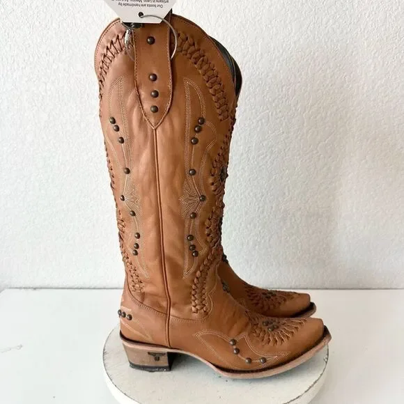 Wide calf friendly Tan Heeled Boots with Intricate Detailing - Picture 2 of 10